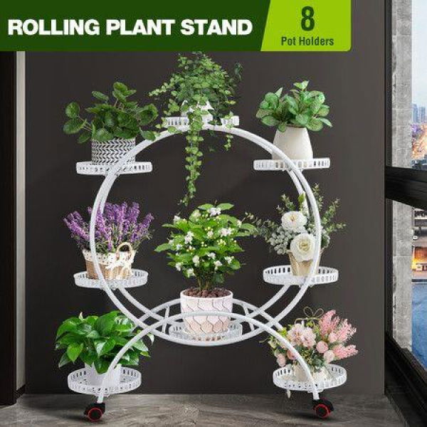 Plant Flower Pot Stand Display Shelf Planter Holder Indoor Outdoor Trolley Rack White Garden Balcony Metal Shelving Unit With Wheels