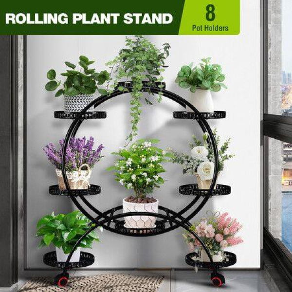 Plant Pot Flower Stand Planter Display Shelf Holder Indoor Outdoor Rack Black Trolley Balcony Garden Metal Shelving Unit With Wheels