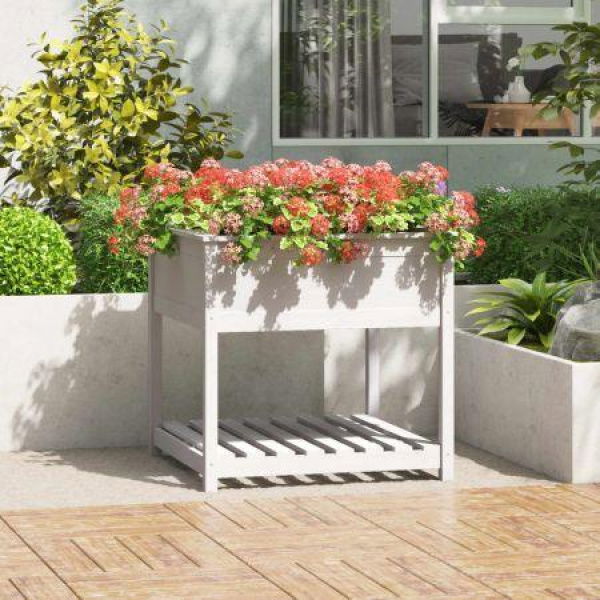 Planter With Shelf White 82.5x82.5x81 Cm Solid Wood Pine.