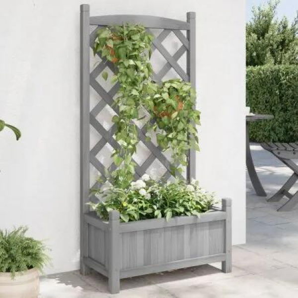 Planter with Trellis Grey Solid Wood Fir