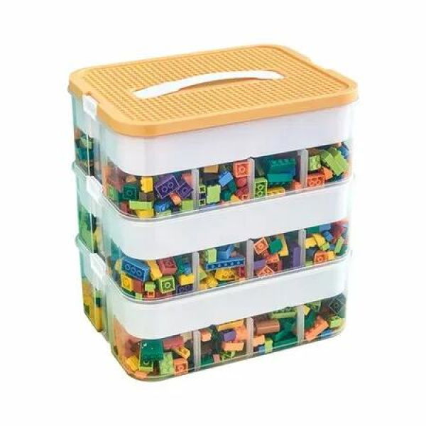 Plastic Storage Organizer for Lego Box Kids Child Toy Stackable Containers with Lids Bins 3 Layers Adjustable Compartments Building Blocks Chest Case (Yellow)