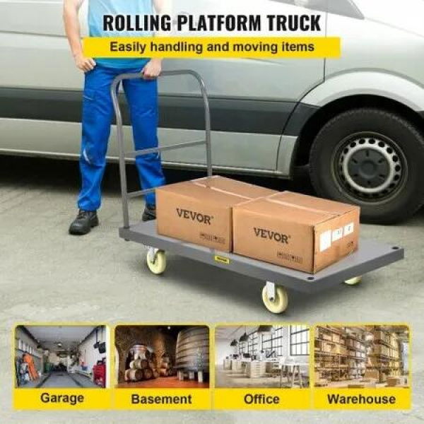 Platform Truck 907.18kg Capacity Steel Flatbed Cart 119.38cm Length x60.96cmWidthx81.28cmHeight Flat Dolly Hand Truckswith12.7cmNylon Casters Heavy-Duty