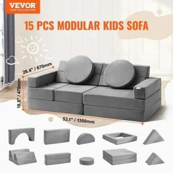 Play Couch, 15pcs Modular Kids Nugget Couch, Toddler Foam Sofa Couch with High-density 25D Sponge for Playing, Creativing, Sleeping, Imaginative Kids Furniture for Bedroom and Playroom