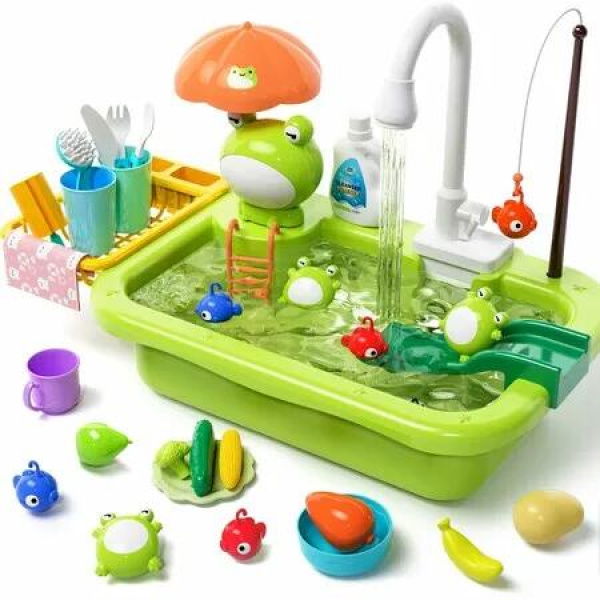 Play Sink Toy Kitchen Running Water Electric Faucet Accessories Floating Pool Fishing Game Interactive Pretend Roleplay Dishwasher Fun