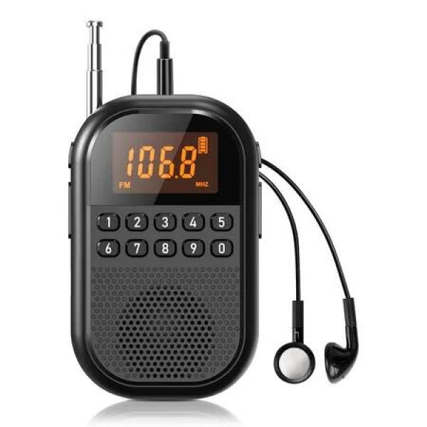 Pocket AM FM Radio, 1100mAh Rechargeable Radio Supports Bluetooth, Mini FM AM Receiver with Large Speaker for Jogging, Walking, Black