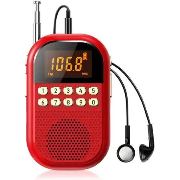 Pocket AM FM Radio, 1100mAh Rechargeable Radio Supports Bluetooth, Mini FM AM Receiver with Large Speaker for Jogging, Walking, Red