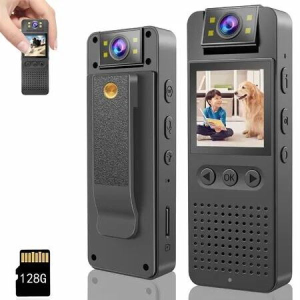 Pocket Camcorder 128GB Body Camera Audio Video Recording 1080P HD 180 Degree Rotatable Lens Outdoor Travel Work Screen Playback