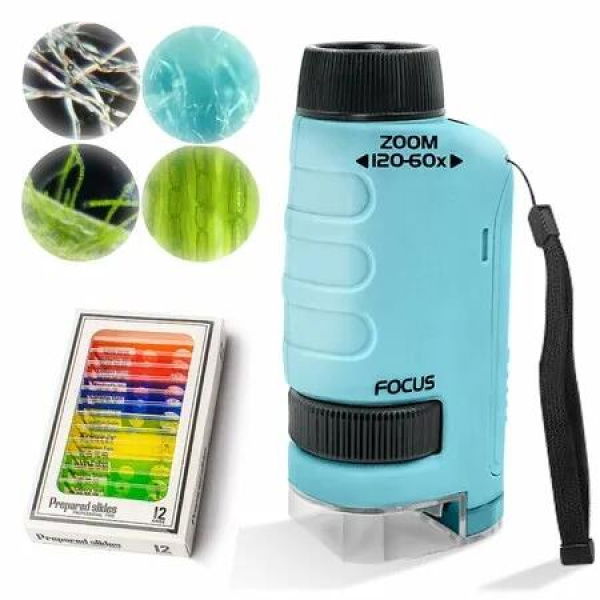 Pocket Microscope for Kids 60-120X Magnification Led Lights Portable Handheld STEM Toys for Educational Student Scientific Experiment Blue