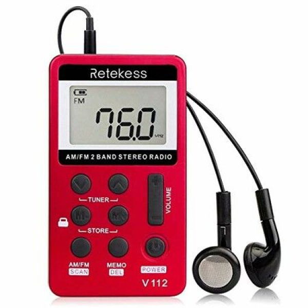 Pocket Radio Digital AM/FM Tuning Stereo Volume With Earphone Rechargeable Battery For Walking Gym (Red).