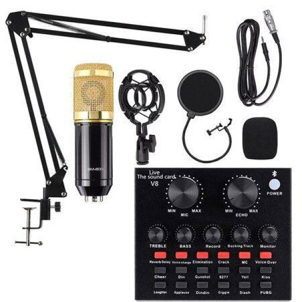 Podcast Microphone Bundle Livestream Mic Kit With Live Sound Card Adjustable Metal Shock Mount Recording Broadcasting Gold