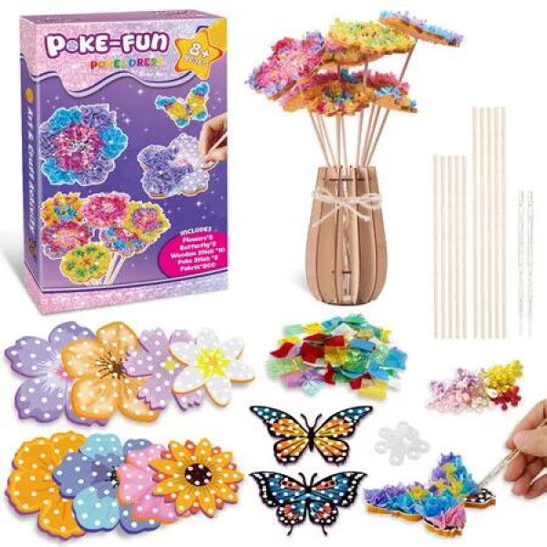 Poke in Art Flower Bouquet Craft Kit DIY Creative Activity 8 Flowers 2 Butterflies Wooden Vase Mess-Free Kids Arts and Crafts Birthday Gifts