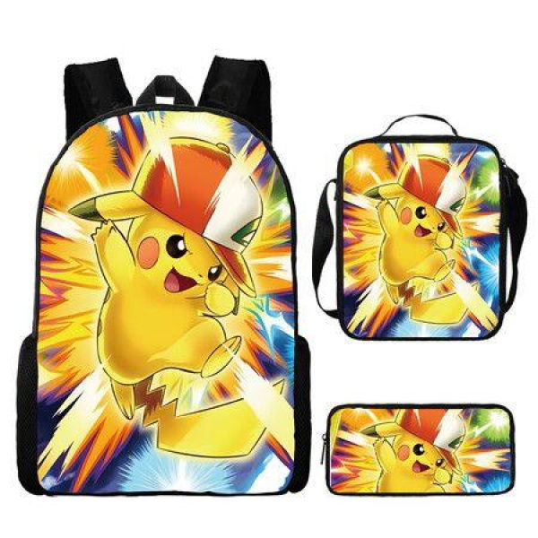 Pokemon Schoolbag Cartoon Cute Pikachu Primary School Student Backpack+Shoulder Bag+Pencil Case