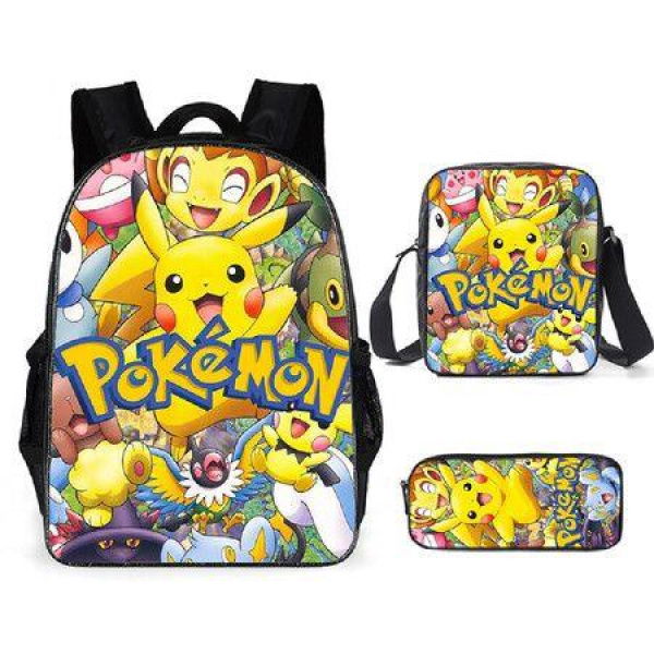 Pokemon Schoolbag Cartoon Cute Pikachu Primary School Student Backpack + Shoulder Bag + Pencil Case.