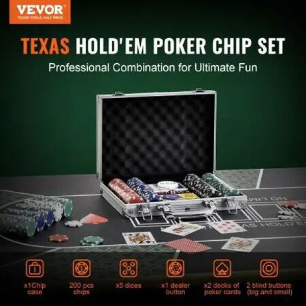 Poker Chip Set 200-Piece Poker Set Complete Poker Playing Game Set with Aluminum Carrying Case 11.5 Gram Casino Chips Cards Buttons and Dices