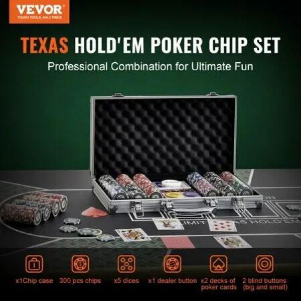 Poker Chip Set 300-Piece Poker Set Complete Poker Playing Game Set with Aluminum Carrying Case 11.5 Gram Casino Chips Cards Buttons and Dices for Texas