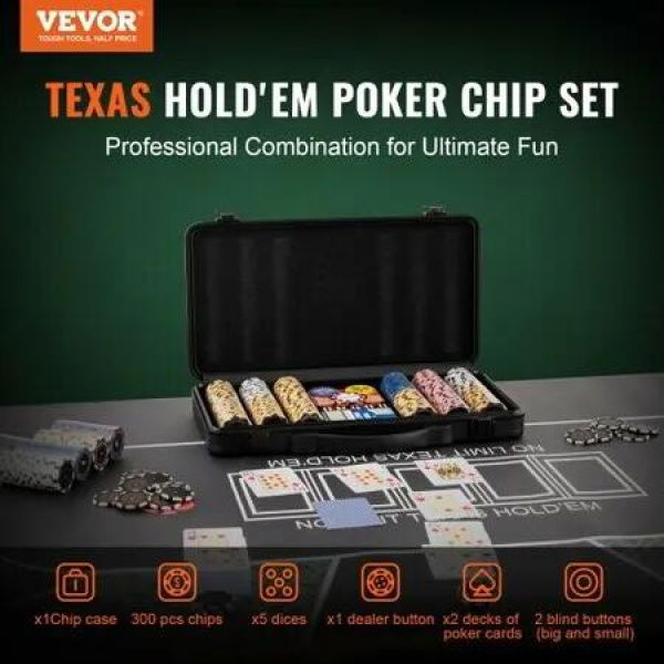 Poker Chip Set 300-Piece Poker Set Complete Poker Playing Game Set with Carrying Case Heavyweight 14 Gram Casino Clay Chips Cards Buttons and Dices