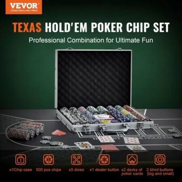 Poker Chip Set 500-Piece Poker Set Complete Poker Playing Game Set with Aluminum Carrying Case 11.5 Gram Casino Chips Cards Buttons and Dices for Texas