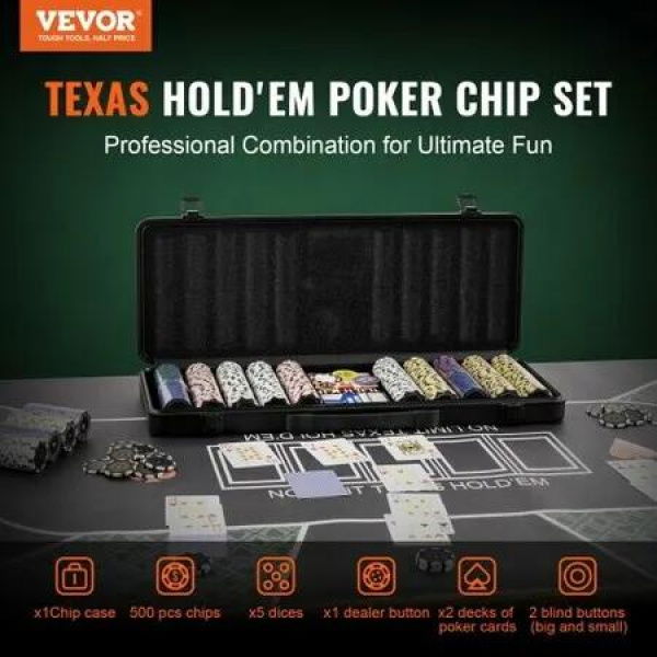 Poker Chip Set 500-Piece Poker Set Complete Poker Playing Game Set with Carrying Case Heavyweight 14 Gram Casino Clay Chips Cards Buttons and Dices