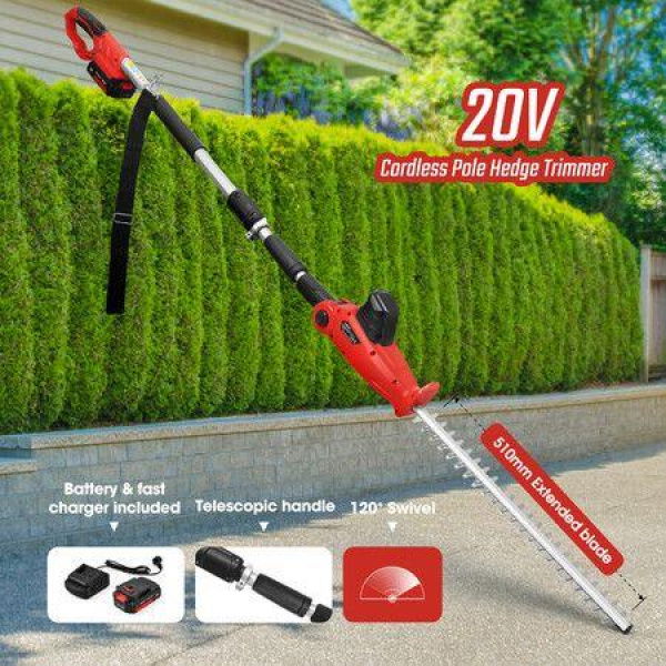 Pole Hedge Trimmer Cordless Electric Extendable Long Reach Telescopic Handle Garden Tool Fast Charger 20V