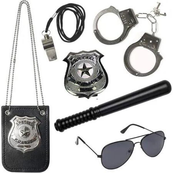 Police Pretend Play Toy Set Kids Toddler Boys Halloween Costume Metal Handcuffs Badge Baton Sunglasses Whistle