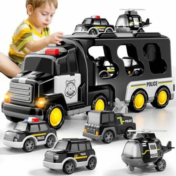 Police Truck Toys Friction Power Emergency Vehicle Carrier 5in1 Car Play Set Rescue Adventure Fun Gift Kids Ages 3+