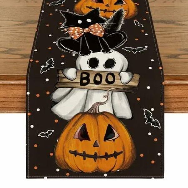 Polka Dot Ghost Pumpkin Cat Boo Halloween Table Runner, Bat Seasonal Fall Kitchen Dining Table Decoration for Home Party Decor-33*183CM