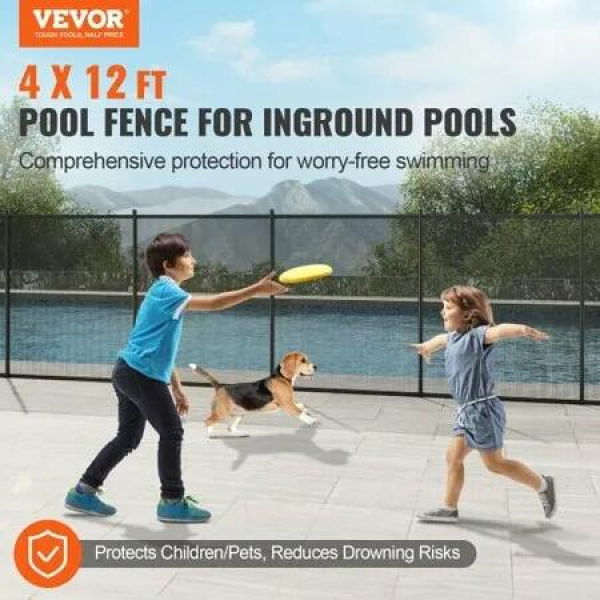 Pool Fence, 4 x 12 FT Pool Fences for Inground Pools, Removable Child Safety Pool Fencing, Easy DIY Installation Swimming Pool Fence, 340gms Teslin PVC Pool Fence Mesh Protects Kids and Pets