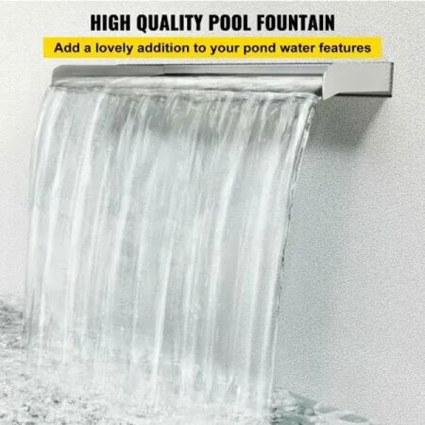 Pool Fountain Stainless Steel Pool Waterfall 23.6' x 4.5' x 3.1'(W x D x H) Waterfall Spillway with Pipe Connector Rectangular Garden Outdoor, Silver