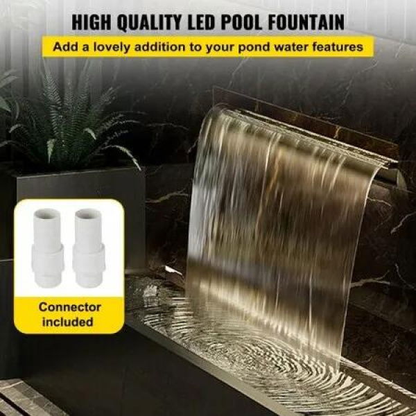 Pool Fountain Stainless Steel Pool Waterfall 35.4' x 4.5' x 3.1'(W x D x H) with LED Strip Light Waterfall Spillway with Pipe Connector Rectangular Garden Outdoor