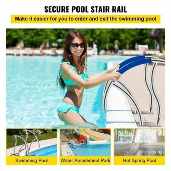 Pool Handrail, 30' x 30' Swimming Pool Stair Rail, 2 PCs Stainless Steel Stair Pool Hand Rail Rated 375lbs Load Capacity, Pool Rail with Quick Mount Base Plate, and Complete Mounting Accessories