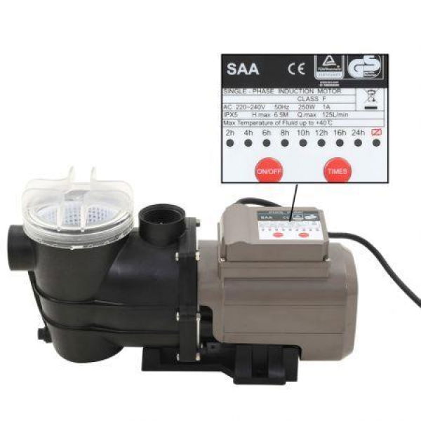 Pool Pump With Timer Black 0.25 HP 8000 L/h.