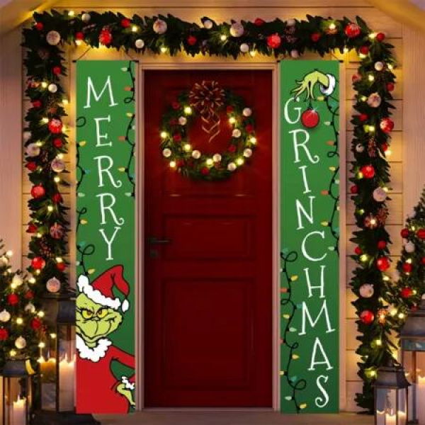 Porch Sign Grinch Decor Christmas Door Banner Merry Grinchmas Theme Photography Yard Supplies Home Office Fireplace New Year Party Festive