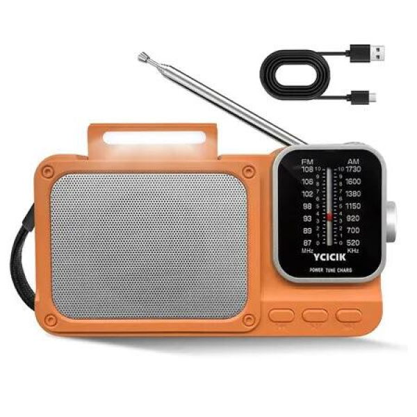 Portable AM/FM Radio with Bluetooth, Rechargeable Battery, Reading Lamp, Dual Power Supply, Pointer Tuner, Headphone Jack for Home, Orange