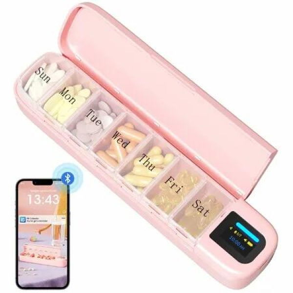 Portable Automatic Pill Dispenser,Smart 7 Day Pill Organizer with Alarm And APP,Weekly Travel Pill Case,For Medicines,Supplements and Vitamins(Pink)