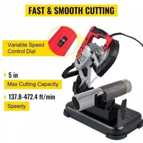 Portable Band Saw,with Removable Alloy Steel Base Cordless Band Saw,127mm Cutting Capacity Hand held Band Saw,Variable Speed Portable Bandsaw, 10Amp Motor Deep Cut Band saw for Metal Wood