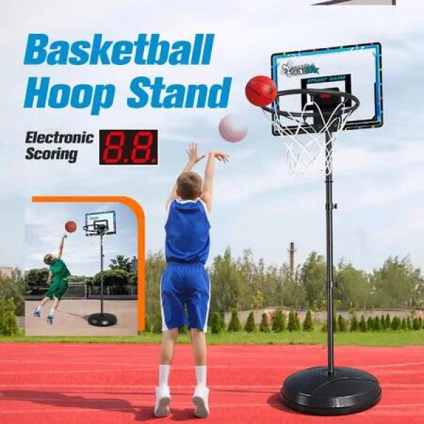 Portable Basketball Hoop Stand System 1.2-1.7m Adjustable Height LED Scoreboard Backboard Basket Ball Goal Ring Rim Net Outdoor Sports Game Play Set