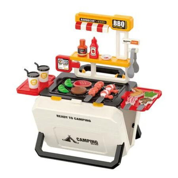 Portable BBQ Grill Suitcase Toy 28Pc Plastic Table Kitchen Food Pretend Play Role Gift Christmas Birthday Holiday COL White