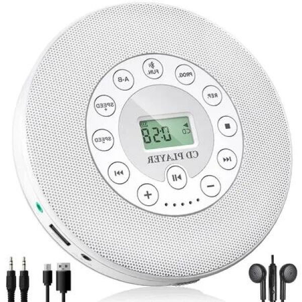 Portable Bluetooth CD Player Personal Walkman MP3 Players with Built-in Speakers,Anti-Shock Protection,USB & CD Playback Support (White)