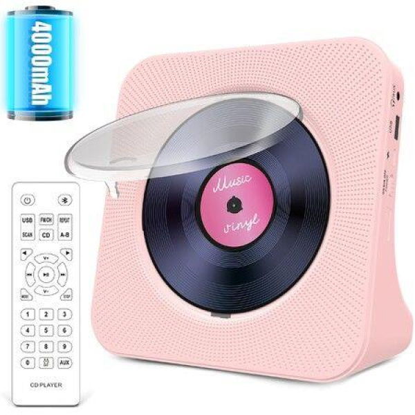 Portable Bluetooth CD Player,4000mAh Rechargeable Kpop Music Player,Remote Control,LCD Display,Sleep Timer,Headphone Jack (Pink)