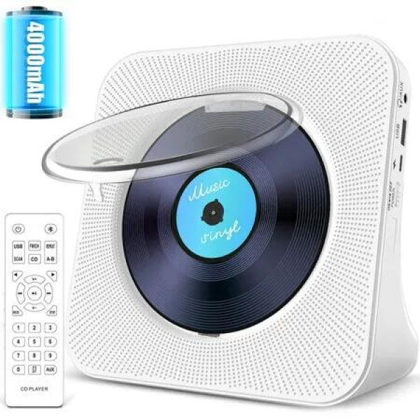 Portable CD Player Bluetooth 4000mAh Kpop Music HiFi Speaker Remote Control LCD Display Sleep Timer Headphone Jack FM Radio UDisk AUX White Audio