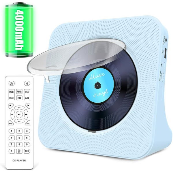 Portable CD Player With Bluetooth 4000mAh Rechargeable Kpop Music Player With HiFi Speaker Remote Control LCD Display Sleep Timer Headphone Jack Supports CD/Bluetooth/FM Radio/U-Disk/AUX (Light Blue).