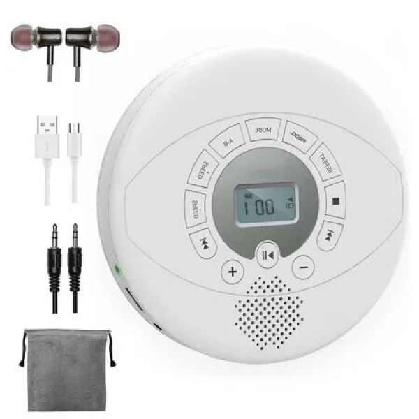 Portable CD Player with Rechargeable Battery, Speaker, and Headphones - Supports CD-R, MP3, and USB - Anti-Skip for Car, Personal, and Multi-User Use (White)