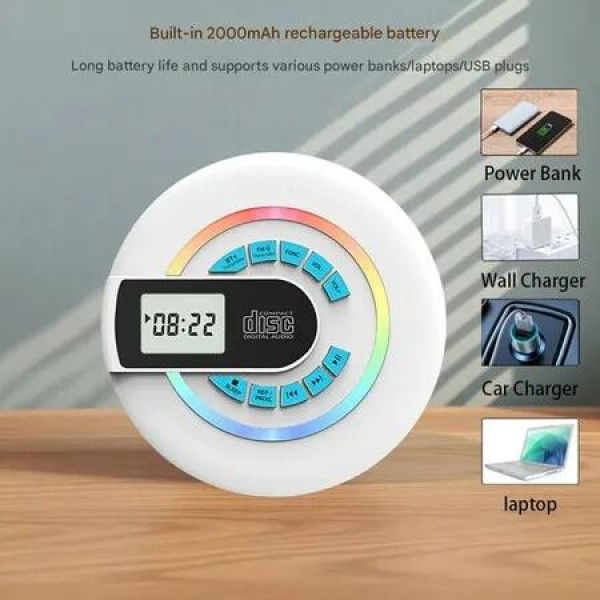 Portable CD Player with Speaker Bluetooth, Rechargeable Lightweight Anti-Skip Protection Repeat Headphones AUX/USB LCD Display RGB Light (White)