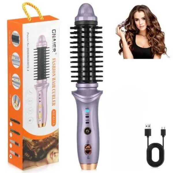 Portable Cordless Curling Iron Brush 3 Temp Settings Automatic Hair Straightener Anti-Scald Rechargeable Hair Brush for Travel Color Purple