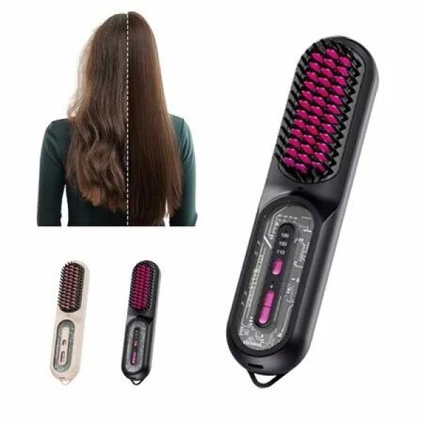 Portable Cordless Hair Mini Straightener Brush for Travel Rechargeable Negative Ions Hair Straightening Brush for Women(Black)