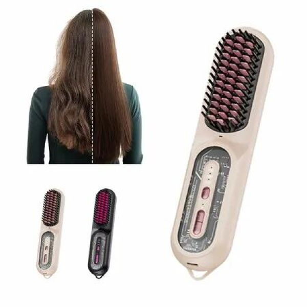 Portable Cordless Hair Mini Straightener Brush for Travel Rechargeable Negative Ions Hair Straightening Brush for Women(Pink)