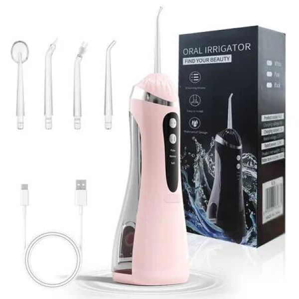 Portable Cordless Oral Irrigator, Rechargeable Travel Irrigation Cleaner IPX7 Waterproof Electric Waterflosser Machine for Teeth Cleaning, Pink