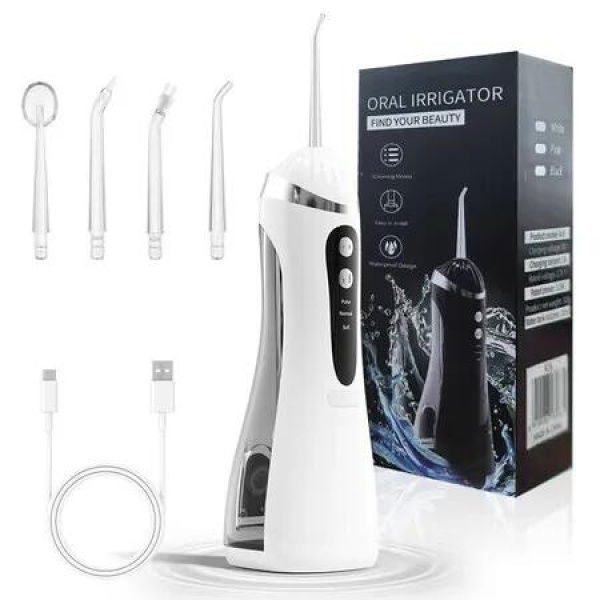 Portable Cordless Oral Irrigator, Rechargeable Travel Irrigation Cleaner IPX7 Waterproof Electric Waterflosser Machine for Teeth Cleaning, White