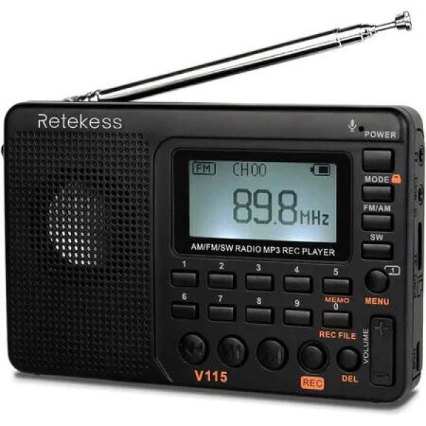 Portable Digital Radio AM FM Shortwave Radios Rechargeable Tuner Presets Micro SD AUX Record Bass Speaker Black Audio Receiver
