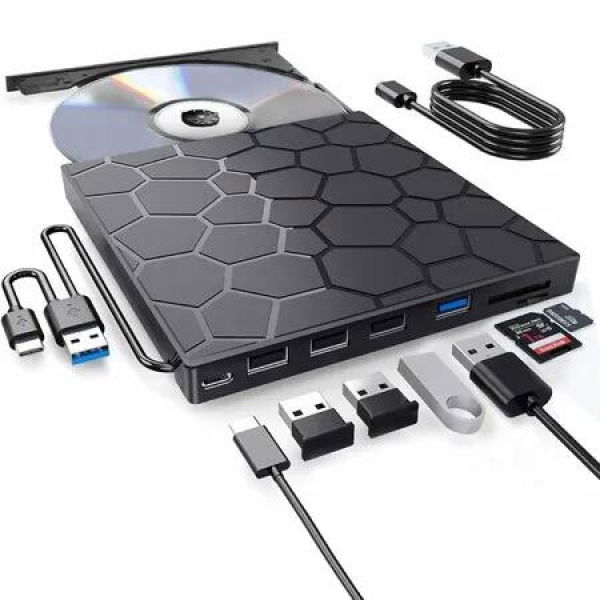 Portable External CD DVD Drive USB 3.0 7-in-1 CD DVD-ROM RW Burner Player for Laptop Desktop Mac Windows Linux